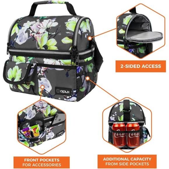 Lunch Bag Women Insulated, Adult Lunch Box Cooler, Flower Lunch Box, Dual - Picture 4 of 7
